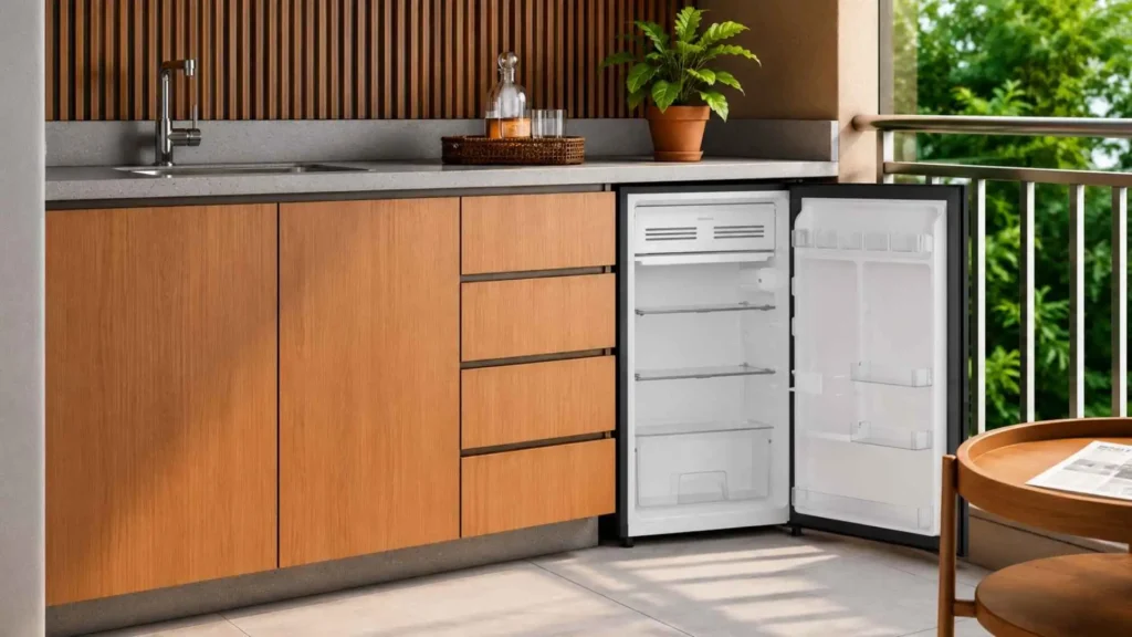 Visão interna do Frigobar Electrolux 90L EM90B vazio mostrando as prateleiras de vidro temperado e a gaveta inferior de legumes