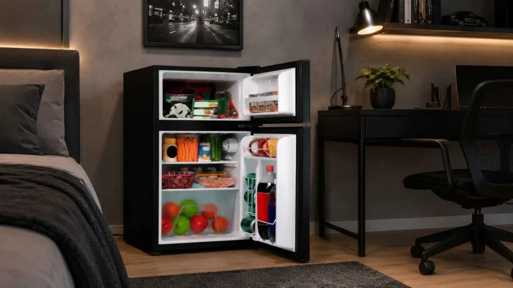 Visão interna do Frigobar EOS 88 Litros Duplex aberto, exibindo o freezer com potes e o refrigerador com bebidas e alimentos organizados