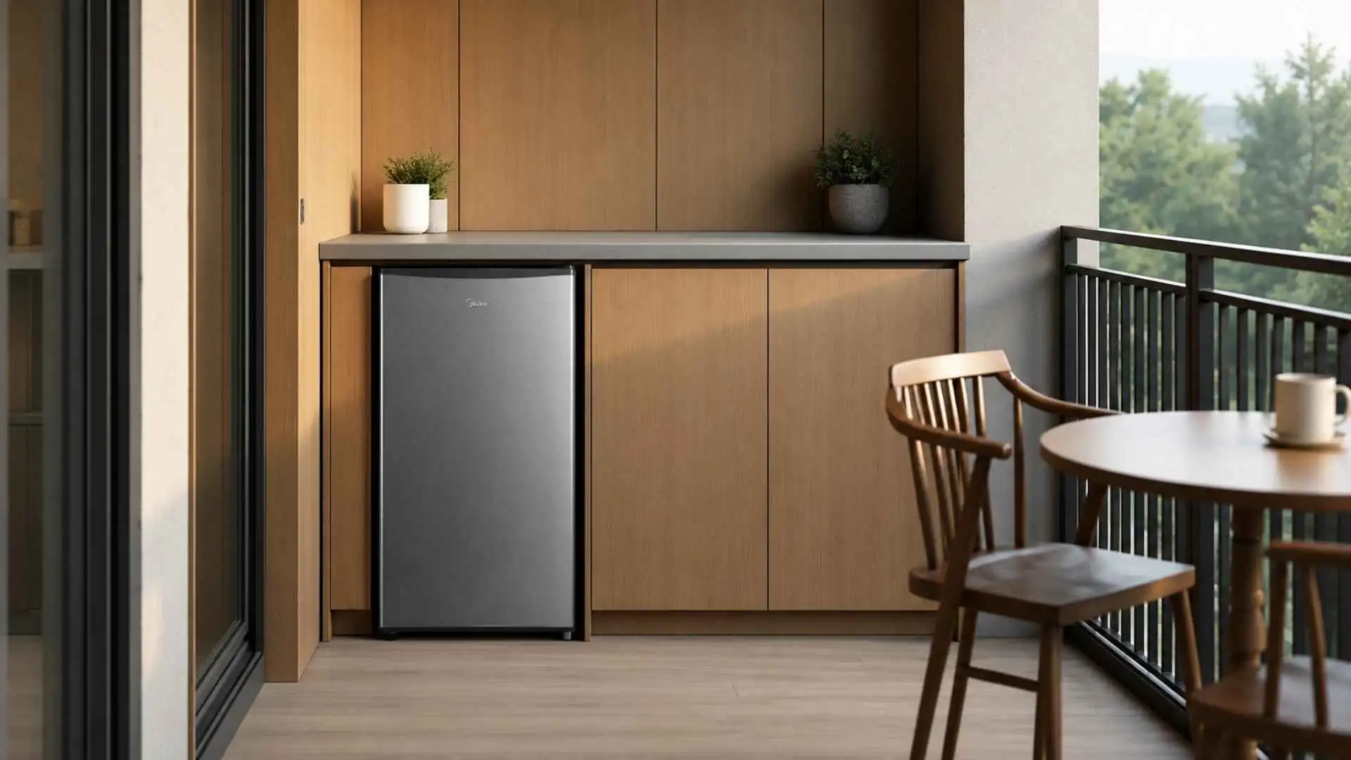 Frigobar Midea 93 Litros Inverter Bivolt com acabamento preto e porta na cor inox instalado em um balcão planejado de varanda gourmet
