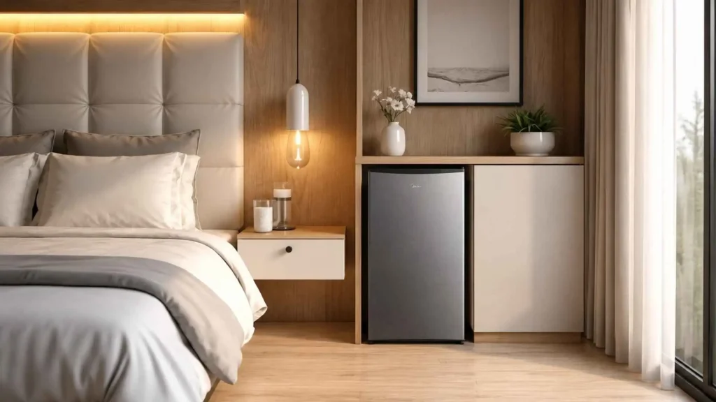 Frigobar Midea 93 Litros Inverter Bivolt preto posicionado ao lado de uma mesa de cabeceira em um quarto de casal moderno