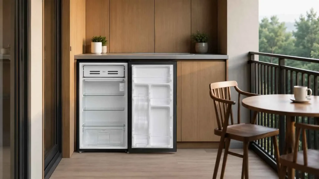 Visão interna do Frigobar Midea 93 Litros Inverter Bivolt aberto, exibindo prateleiras de vidro, porta-latas e o compartimento extra frio