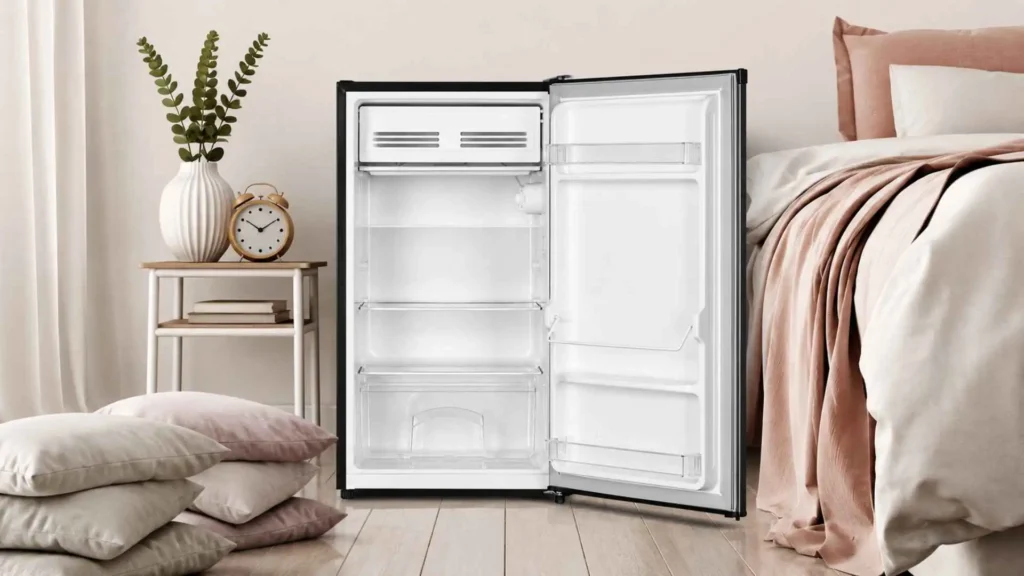 Parte interna do Frigobar Philco 92L PFG111I vazio destacando as prateleiras removíveis e o compartimento extra frio superior