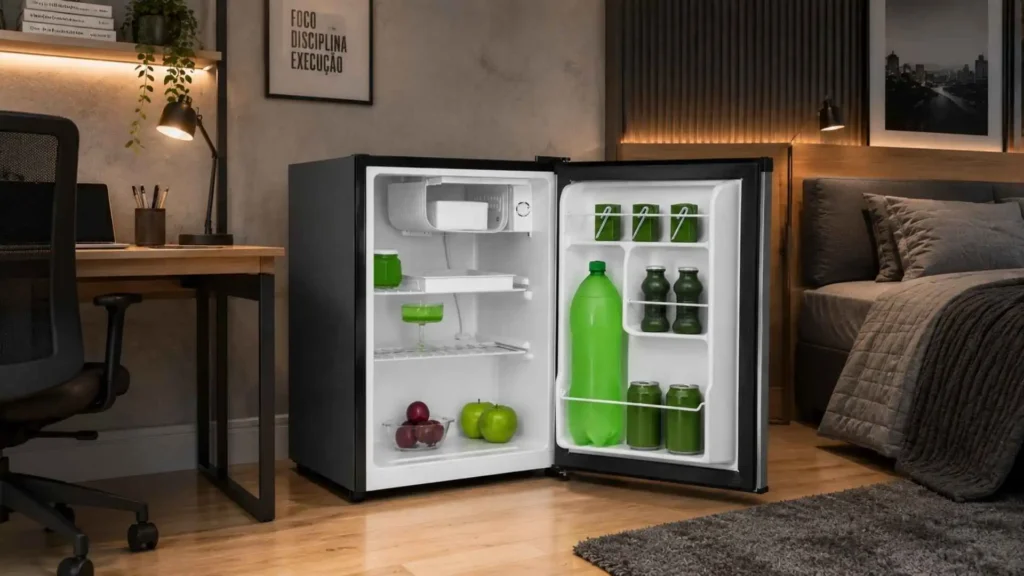 Frigobar Philco PH85 Platinum aberto e abastecido, posicionado em um escritório escuro com mesa de trabalho e iluminação aconchegante ao fundo
