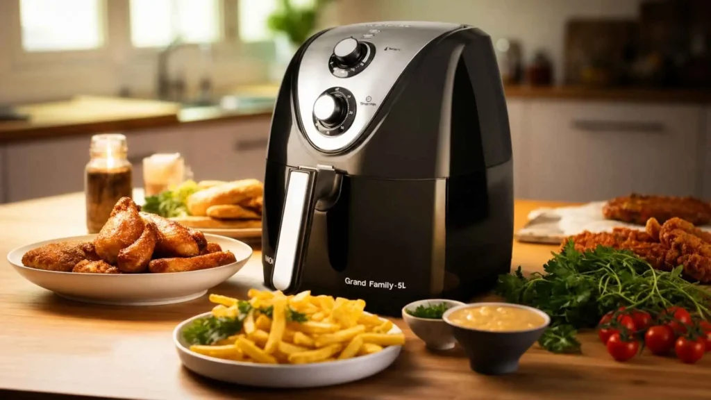 Visão frontal da Fritadeira Sem Óleo Mondial AFN-50-BI ao lado de uma porção de batatas fritas crocantes