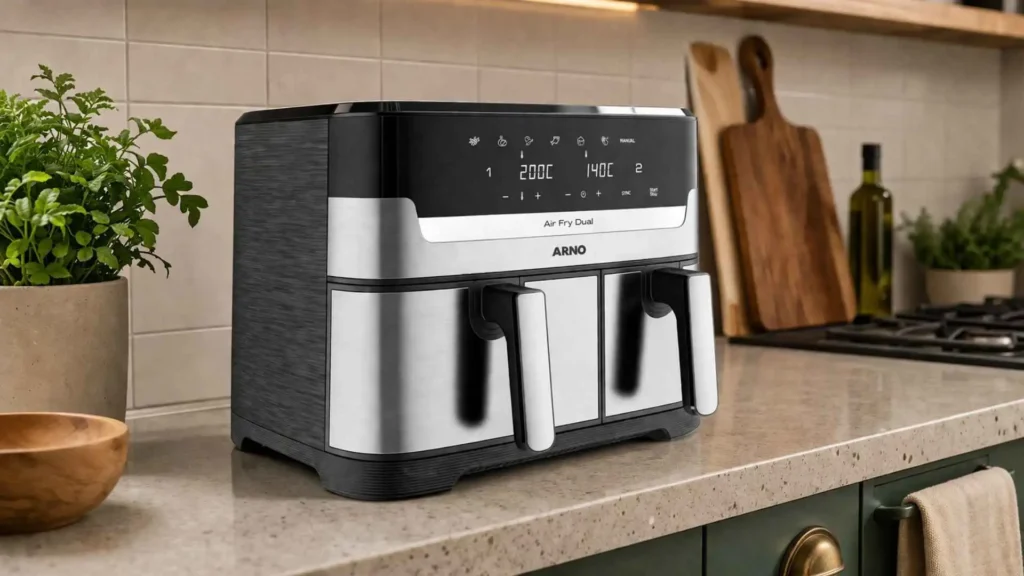 Detalhe do acabamento premium em aço inox da Fritadeira Airfryer Arno Dual AFD2, destacando o design moderno e durável para cozinhas planejadas