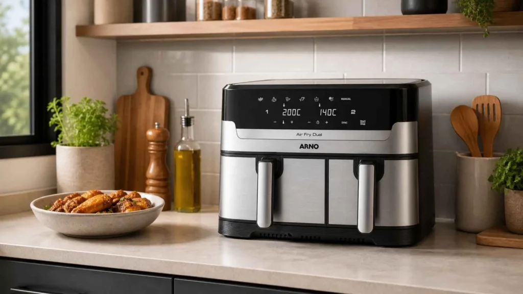 Fritadeira Airfryer Arno Dual AFD2 posicionada em uma bancada de cozinha moderna com batatas fritas crocantes prontas para servir