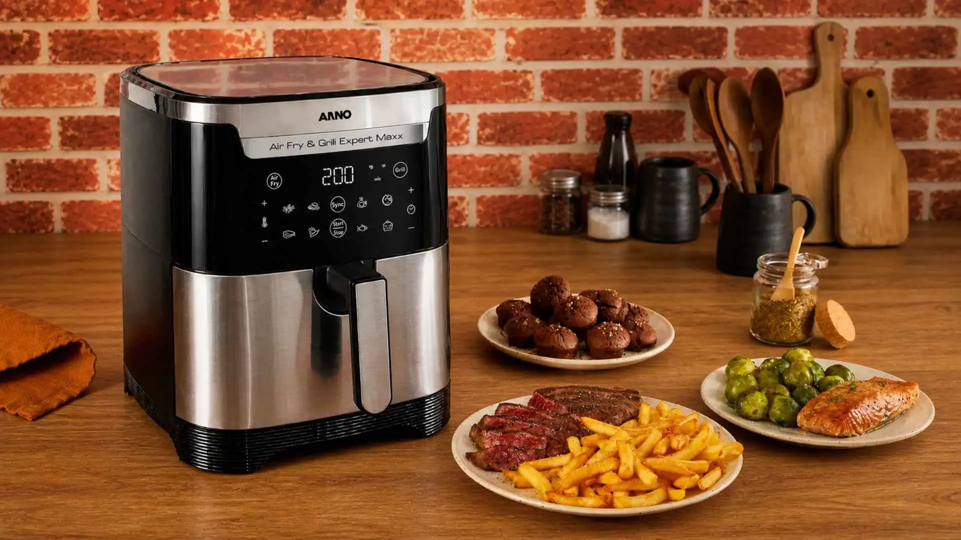 Fritadeira Arno Airfry & Grill Expert Maxx Digital AFD6 de 6,5L em inox sobre bancada de cozinha com pratos de batata frita e carne