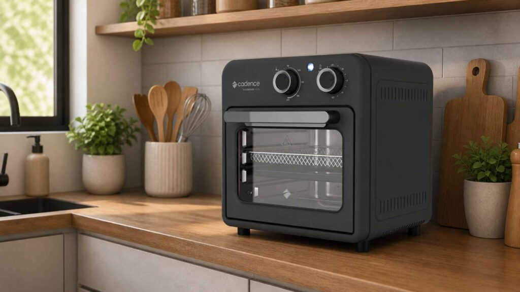 Fritadeira Cadence Classicook posicionada em uma cozinha moderna com armários brancos ao fundo