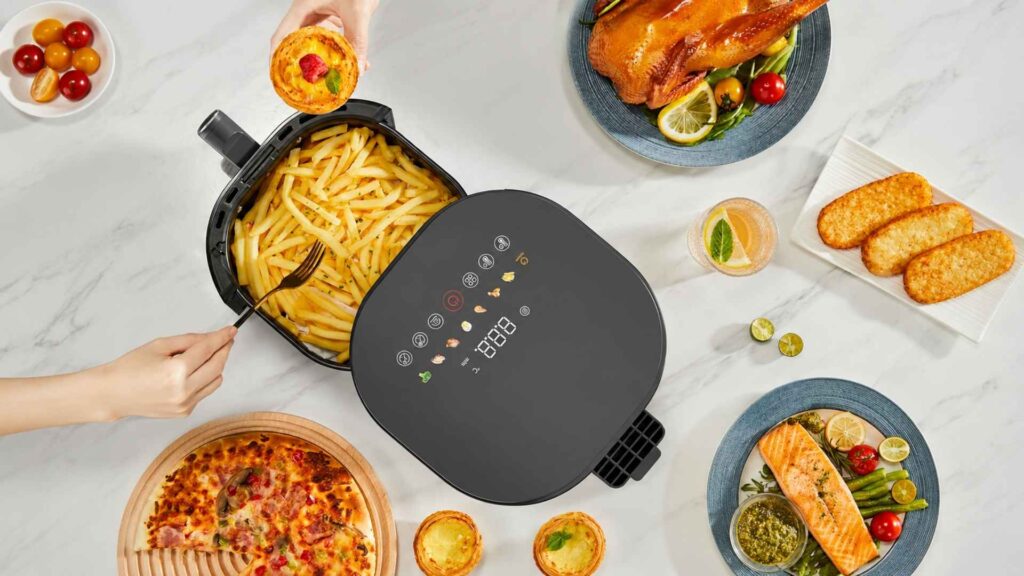 Vista aérea superior do painel touch screen digital da Air Fryer Gaabor Duo Digital com ícones de funções rápidas iluminados
