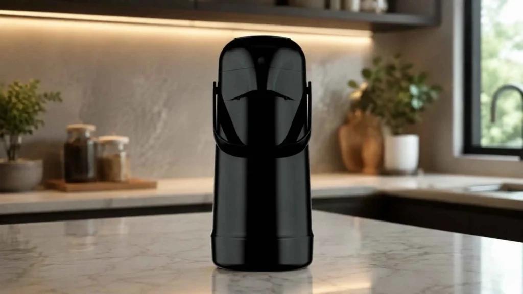 Garrafa Térmica Magic Pump 500 mL Termolar preta sobre bancada de mármore em cozinha moderna