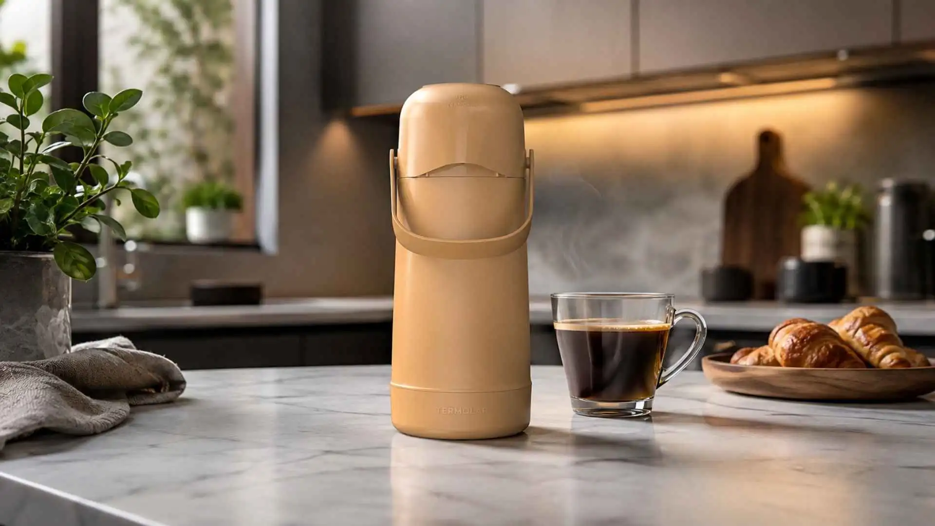Garrafa Térmica Magic Pump Termolar amarelo sertão ao lado de xícara de café fumegante e pães na mesa