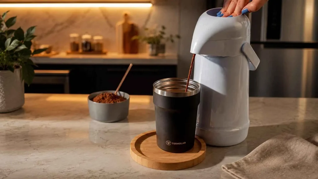 Detalhe do acionamento da Garrafa Térmica Magic Pump branca servindo café sem inclinar ao lado de copo térmico