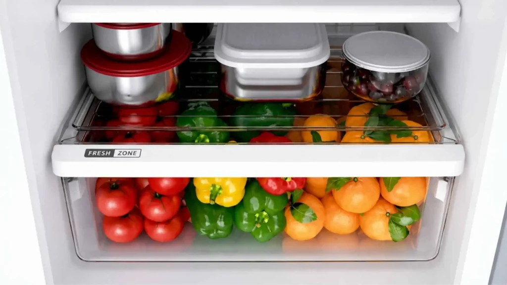 Interior do refrigerador mostrando a gaveta Fresh Zone da geladeira Brastemp Frost Free Duplex 375L organizada com frutas e legumes frescos