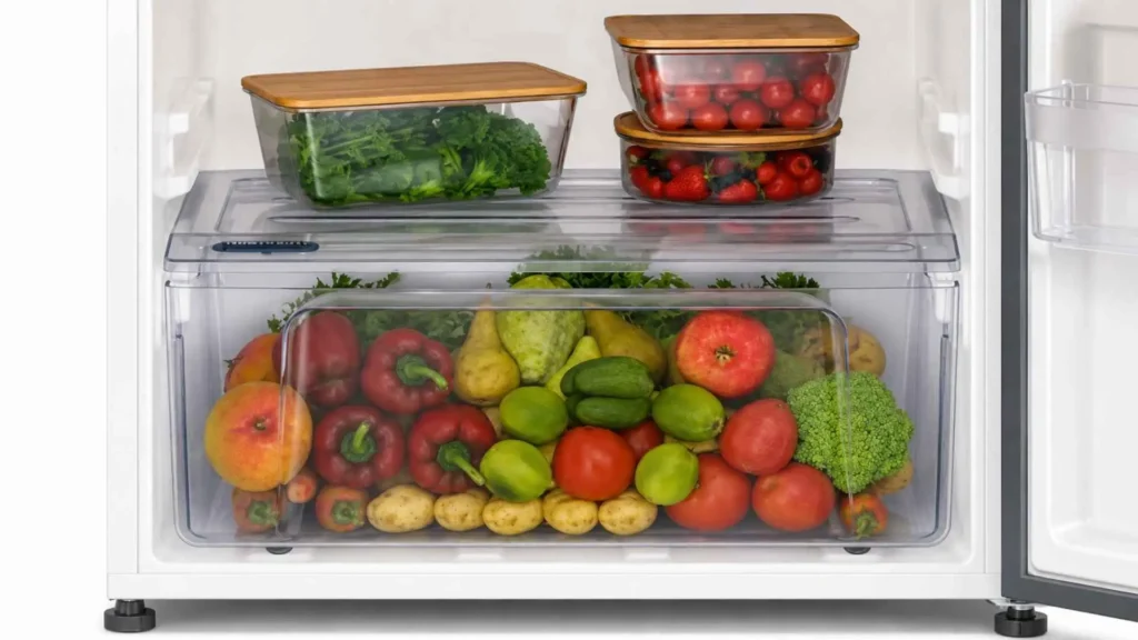 Detalhe interno da Gaveta HortiFruti da Geladeira Electrolux IF41 cheia de frutas e vegetais frescos