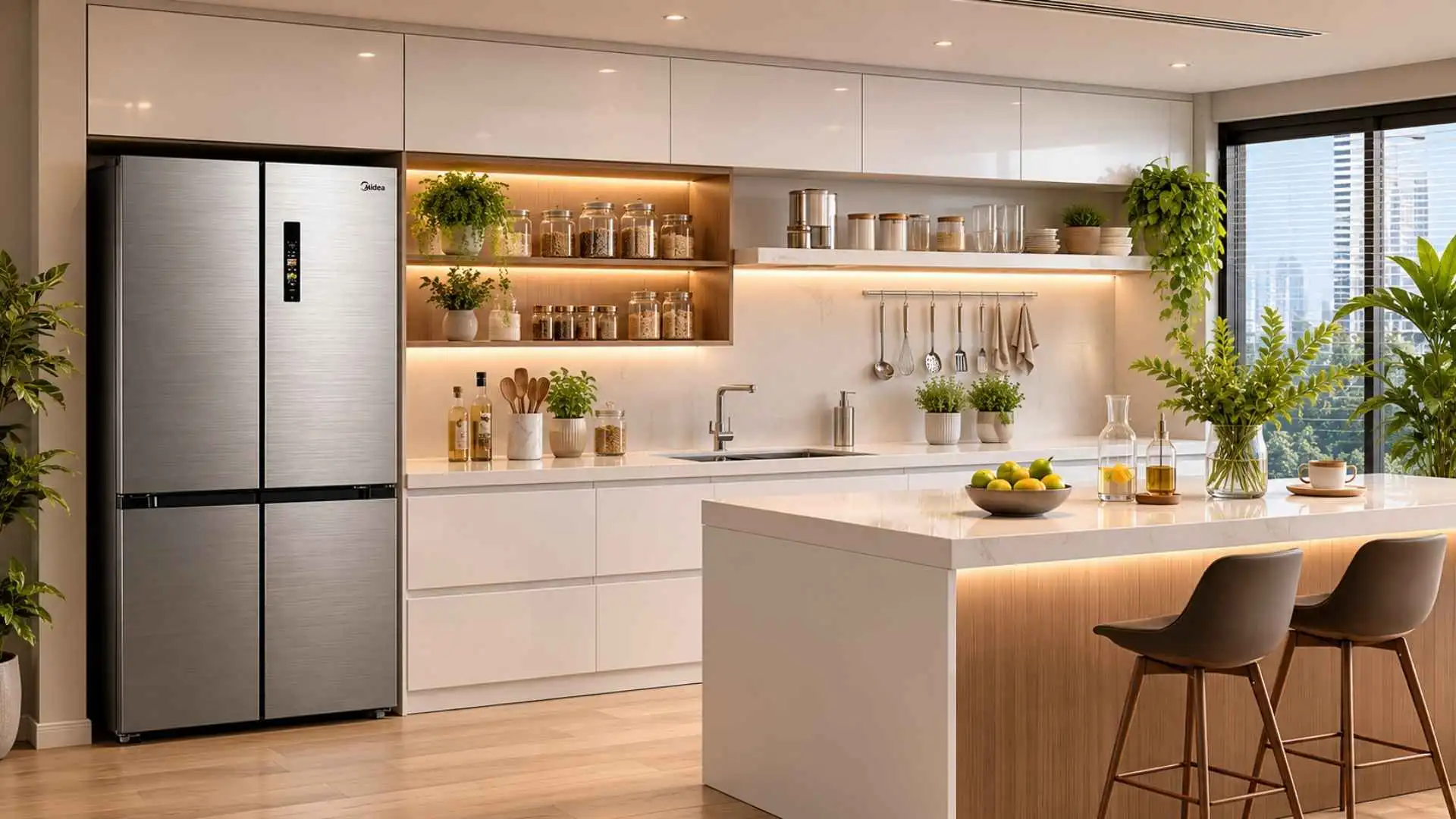 Geladeira 474L Midea MD-RF691FGD463 em inox perfeitamente instalada em uma cozinha planejada moderna com iluminação embutida