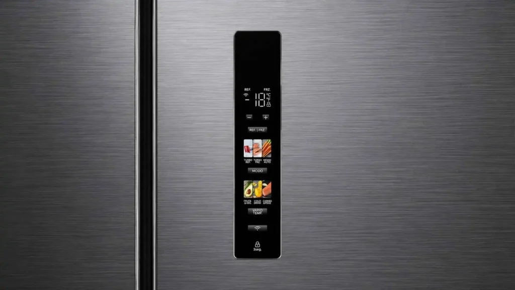 Detalhe em close do painel touch LED colorido localizado na porta da Geladeira 474L Midea MD-RF691FGD463