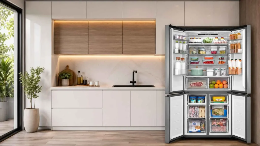 Visão interna da Geladeira 474L Midea MD-RF691FGD463 com as quatro portas abertas exibindo a organização das prateleiras e gavetas do freezer
