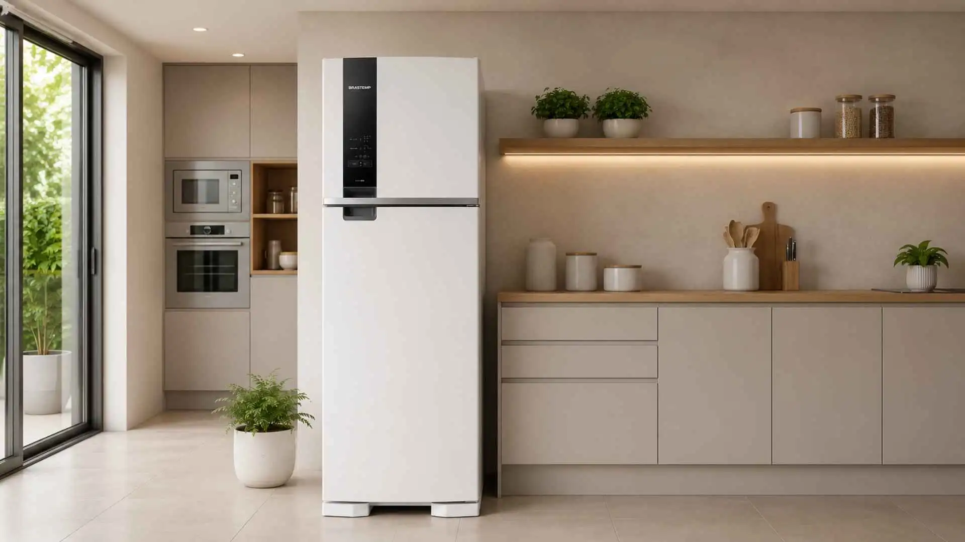 Geladeira Brastemp BRM54JB Frost Free Duplex 400 Litros Branca posicionada em um ambiente de cozinha planejada moderna com armários em tons claros