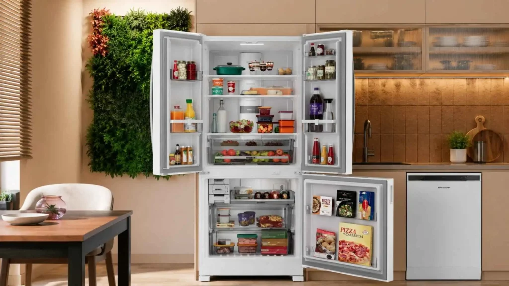 Geladeira Brastemp BRO85MB aberta com as três portas abertas revelando o espaço interno de 559 litros e as prateleiras Infinity