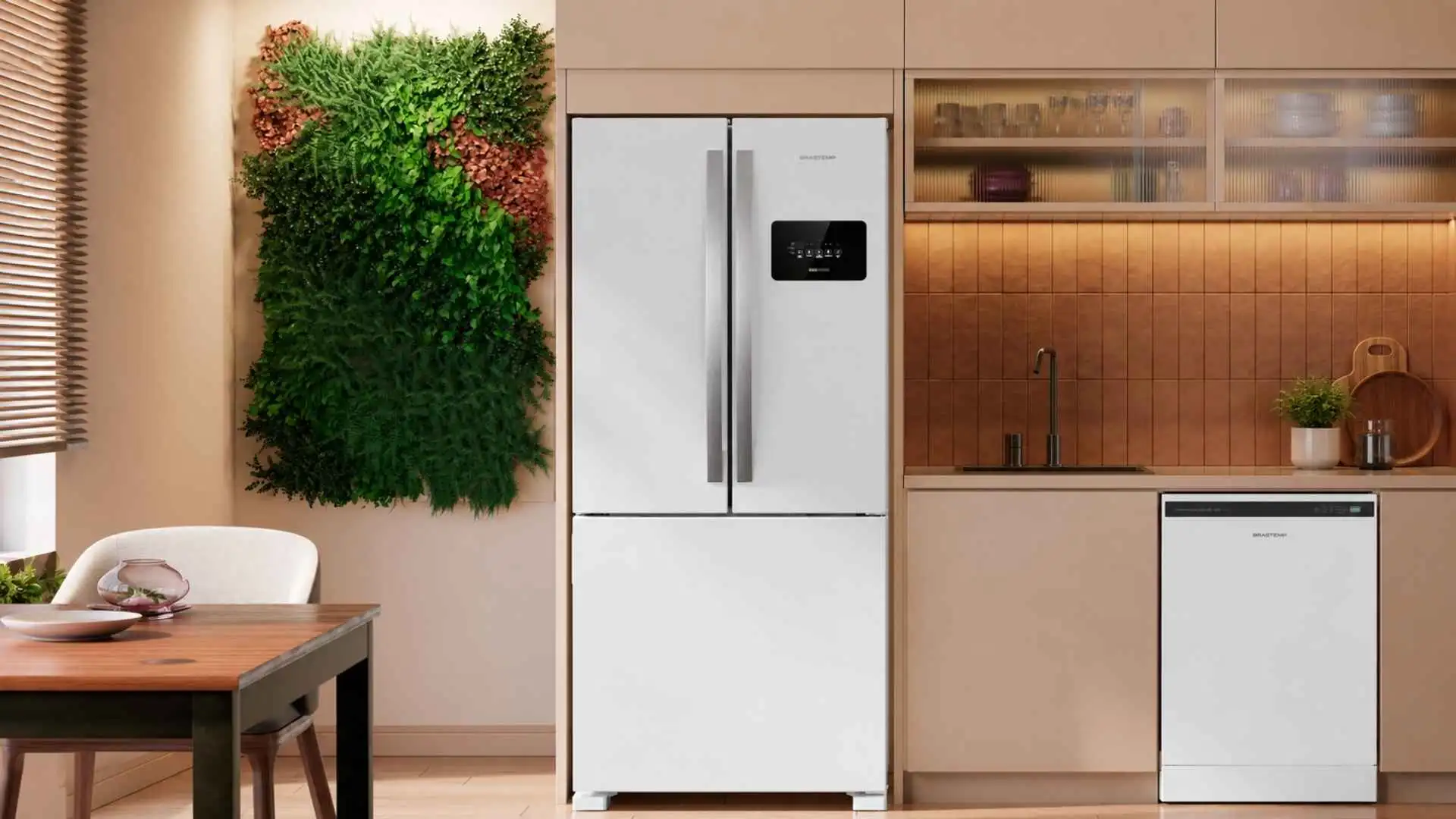 Geladeira Brastemp BRO85MB Frost Free French Door branca de 3 portas fechada em uma cozinha planejada moderna
