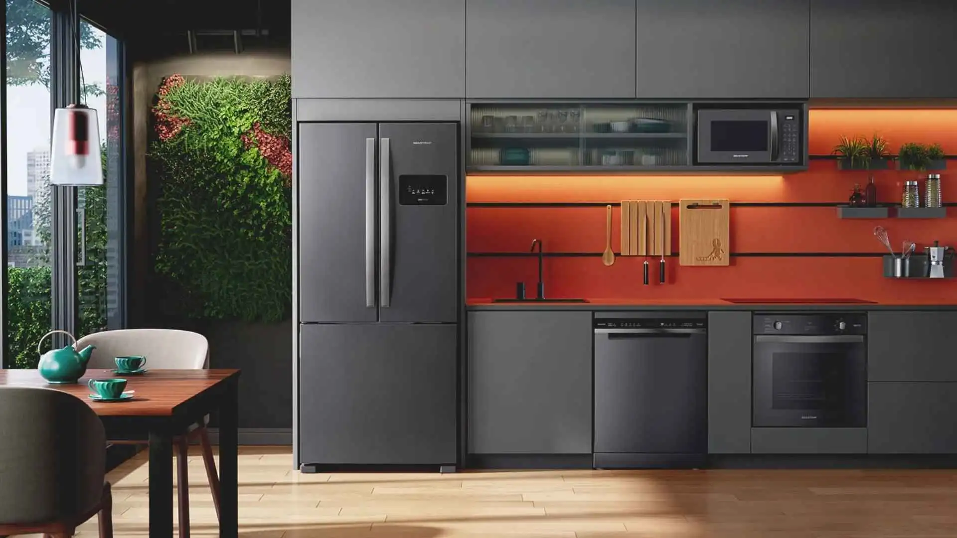 Geladeira Brastemp French Door BRO85MK em inox escovado fechada em uma cozinha planejada moderna