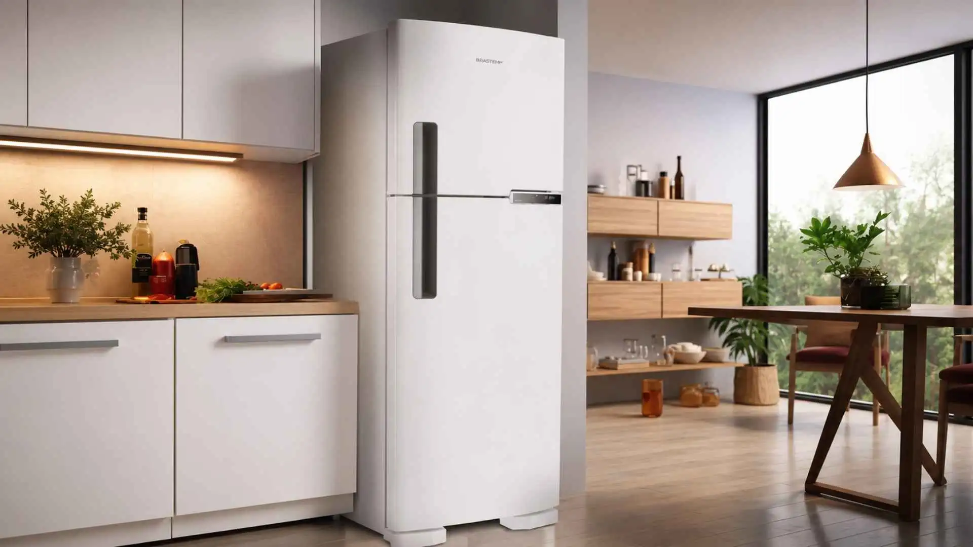 Geladeira Brastemp Frost Free Duplex 375L branca modelo BRM44HB posicionada em uma cozinha planejada moderna e iluminada