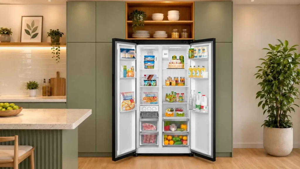 Visão interna da Geladeira Conectada Midea 511L com as duas portas abertas mostrando a organização de alimentos