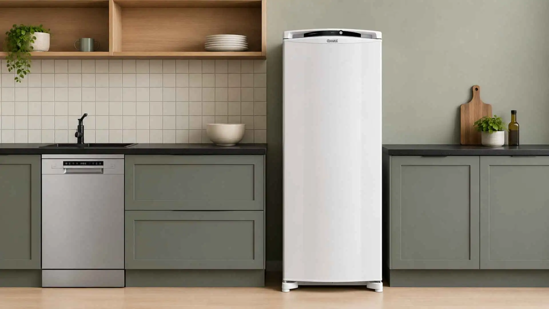Geladeira Consul Frost Free 300 Litros branca modelo CRB36AB posicionada em uma cozinha compacta