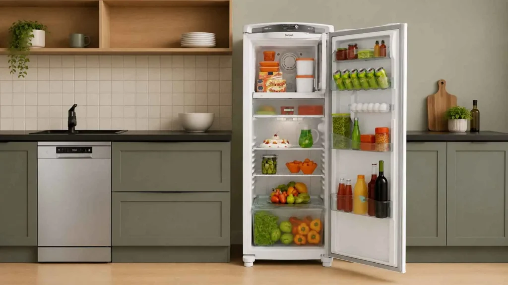 Interior da Geladeira Consul Frost Free 300 Litros aberta, mostrando as prateleiras, o gavetão de hortifrúti e o freezer de supercapacidade organizados
