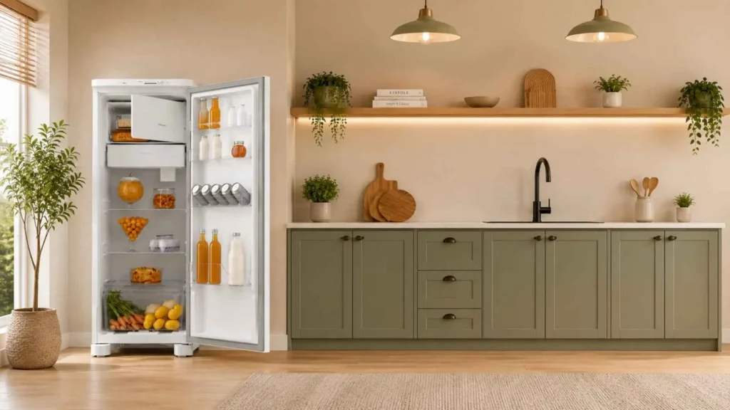 Visão interna da geladeira Electrolux 240L RE31 aberta mostrando as prateleiras e o congelador