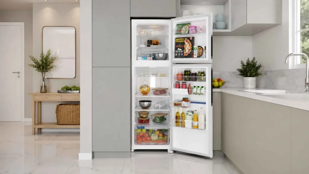 Geladeira Electrolux 410L IF46 com as duas portas abertas mostrando o freezer superior e o refrigerador cheios de alimentos