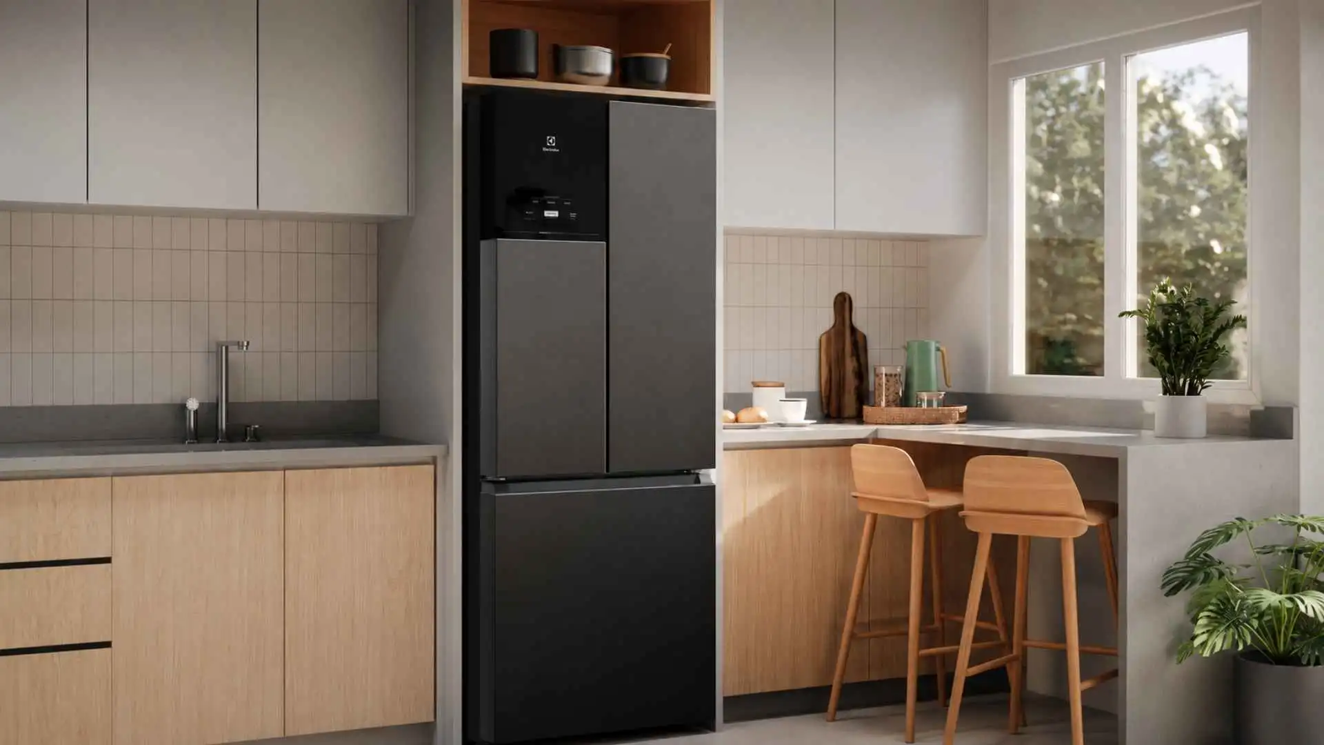 Geladeira Electrolux 480L IM7B de três portas na cor Black Inox integrada em uma cozinha planejada moderna