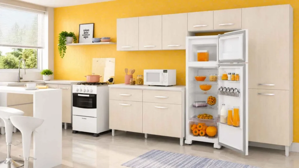 Visão interna da Geladeira Electrolux DC35A 260L aberta, destacando as prateleiras aramadas e o super freezer