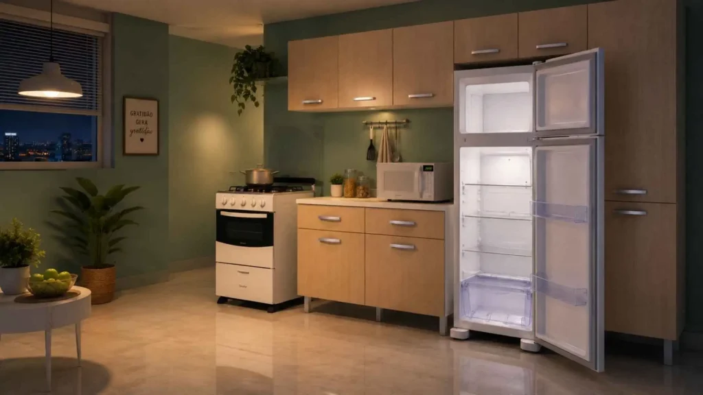 Iluminação interna em LED acesa no refrigerador da Geladeira Electrolux DC35A 260L em uma cozinha à noite