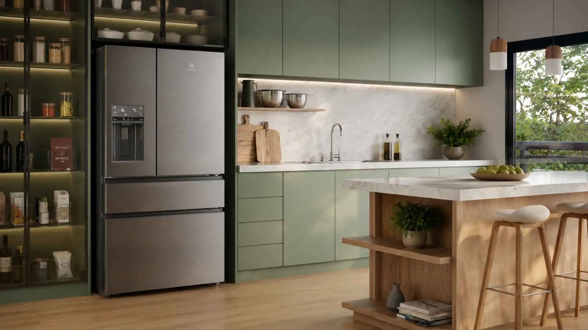 Geladeira Electrolux Expert IM9CS de quatro portas com acabamento inox instalada em uma cozinha planejada moderna com armários verdes e ilha de madeira