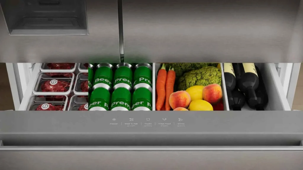 Visão interna da gaveta FlexiSpace da Geladeira Electrolux Expert IM9CS aberta e organizada com latas de refrigerante, frutas, vegetais e garrafas de vinho