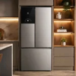 Detalhe frontal da geladeira Electrolux Frost Free IM8S Multidoor em um ambiente de cozinha com iluminação aconchegante e acabamento amadeirado