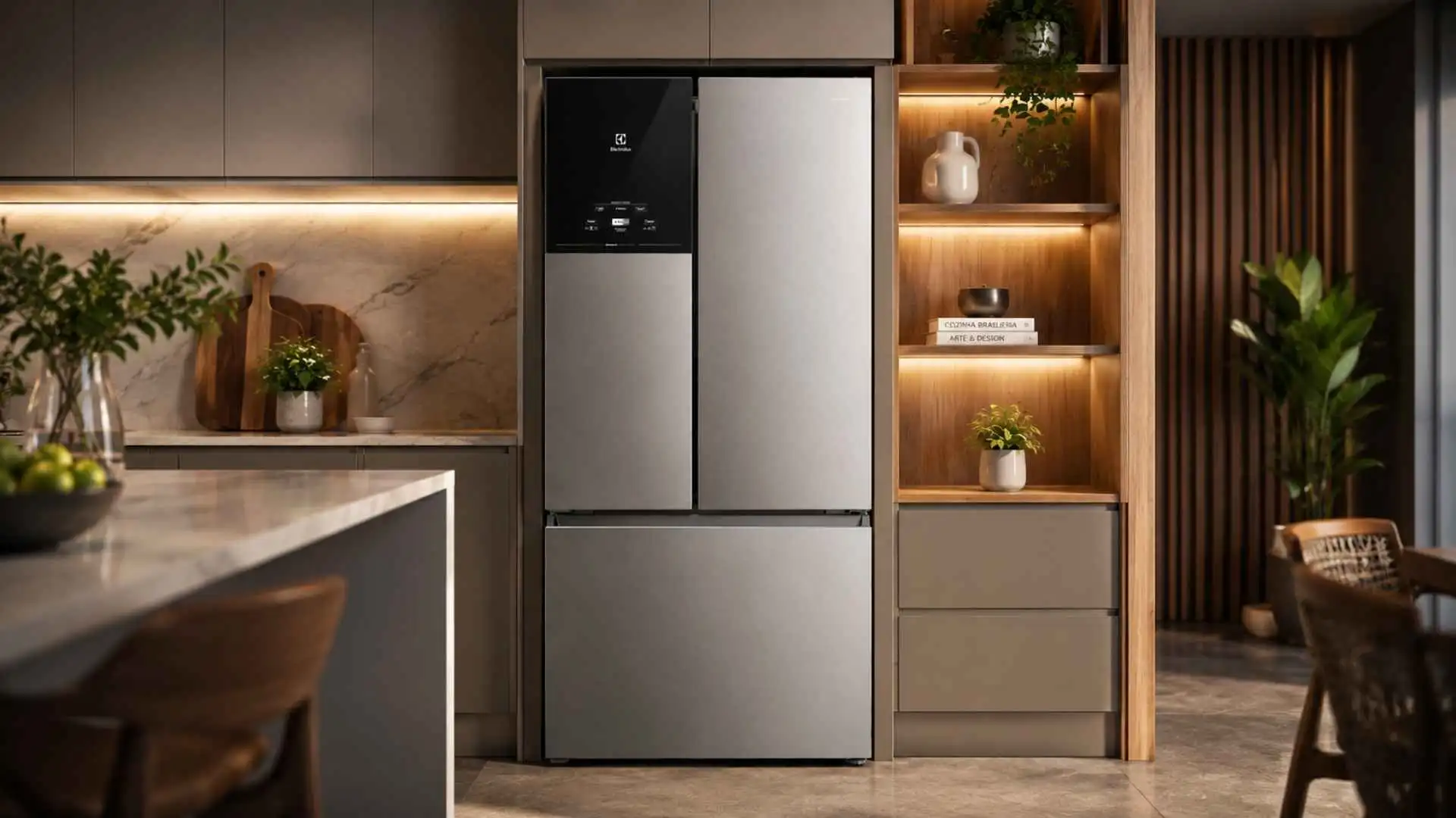 Detalhe frontal da geladeira Electrolux Frost Free IM8S Multidoor em um ambiente de cozinha com iluminação aconchegante e acabamento amadeirado