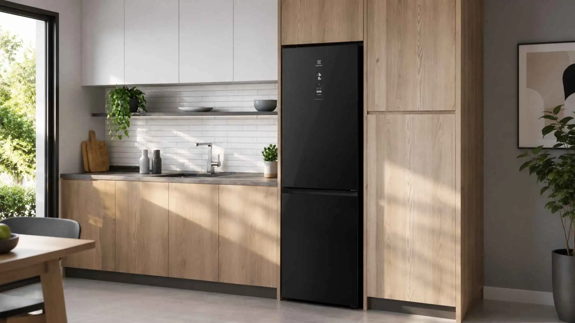 Vista frontal da Geladeira Electrolux IB42G Black Glass fechada, destacando o acabamento em vidro preto espelhado em uma cozinha planejada moderna com armários amadeirados