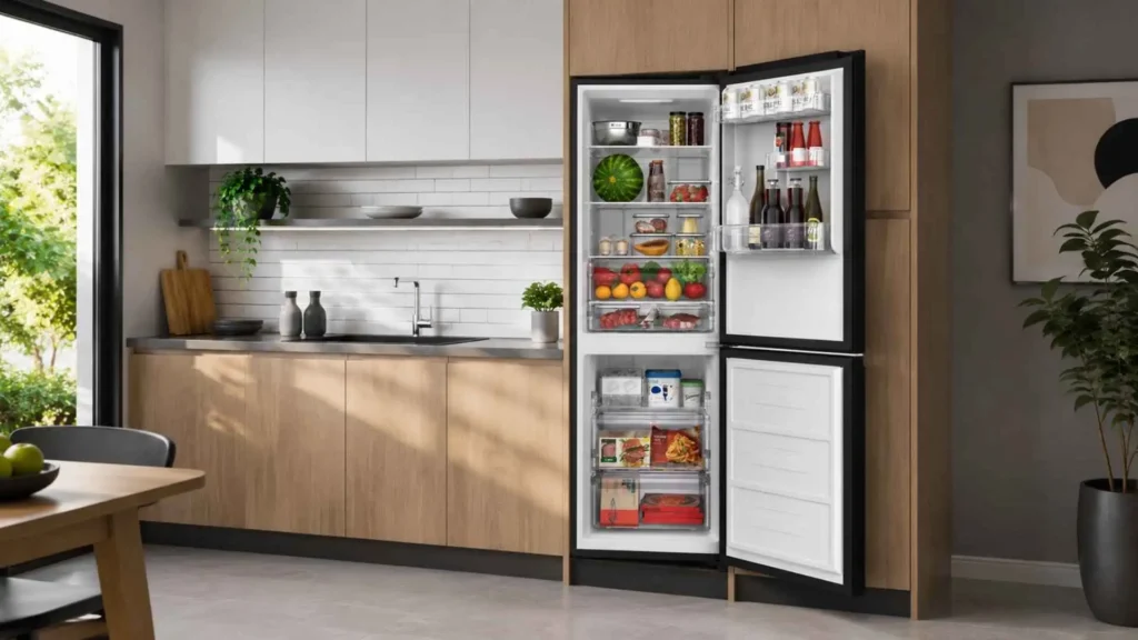 Geladeira Electrolux IB42G Black Glass com as duas portas abertas, exibindo a organização interna com alimentos nas prateleiras superiores e gaveta de hortifrúti abastecida
