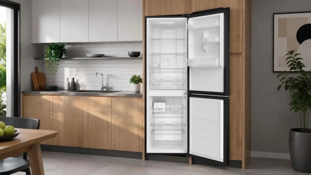 Interior vazio da Geladeira Electrolux IB42G Black Glass iluminado por LED, mostrando as 3 prateleiras de vidro temperado e as divisórias transparentes das portas