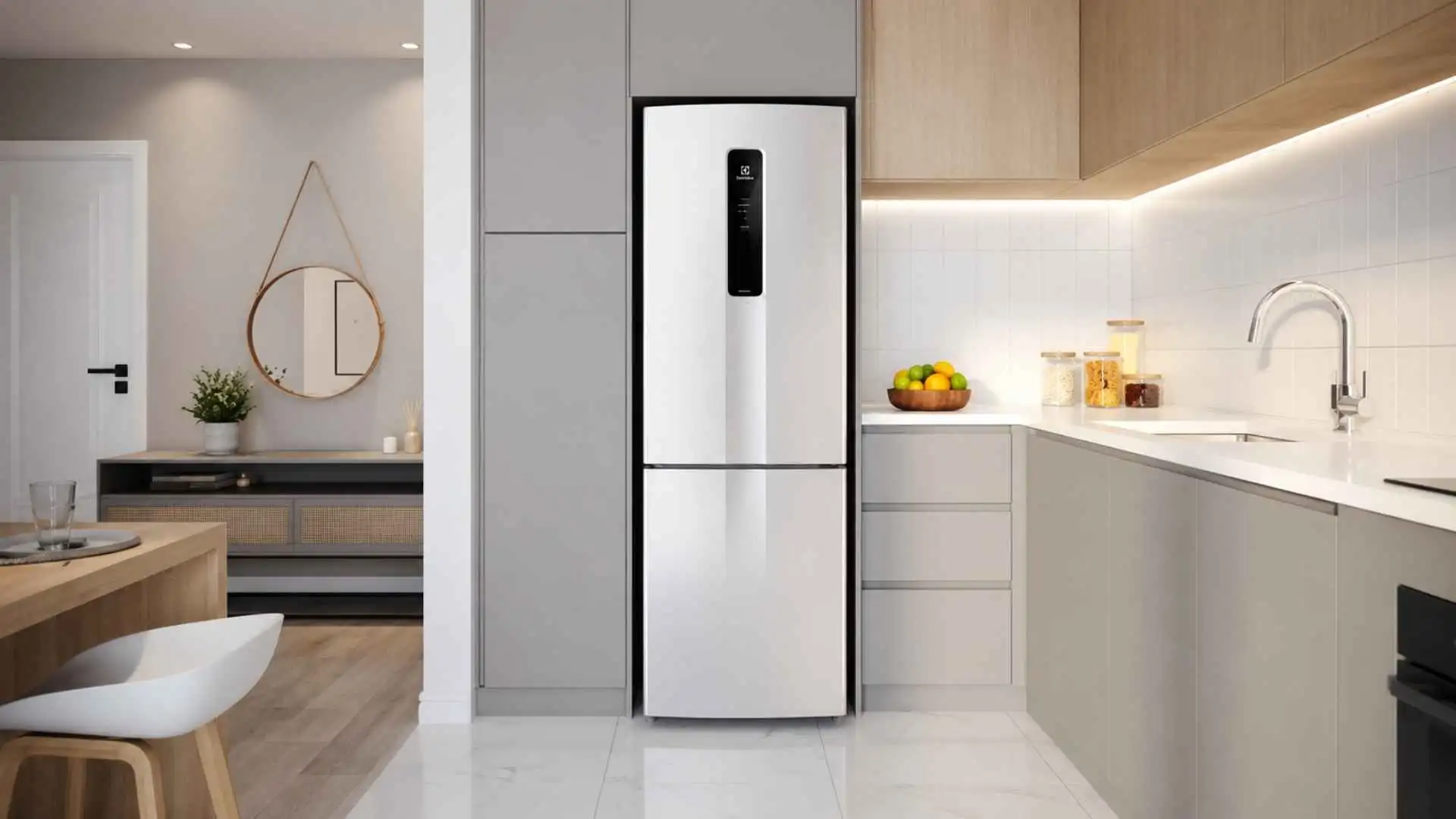 Visão frontal da Geladeira Electrolux IB6 400L branca fechada, mostrando o painel digital e o puxador embutido no modelo Inverse