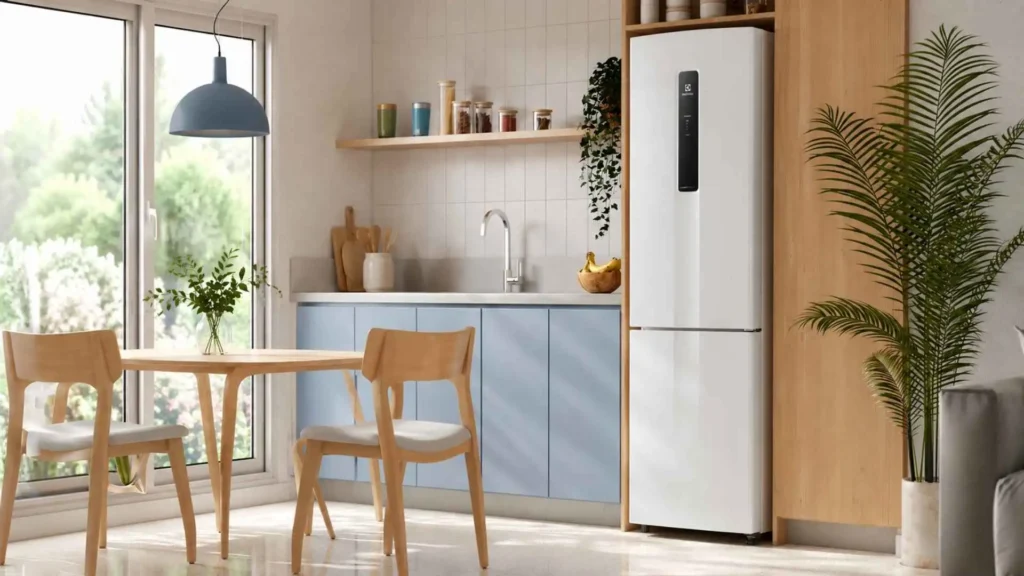 Geladeira Electrolux IB6 400L branca instalada em uma cozinha planejada moderna com armários azuis e iluminação natural