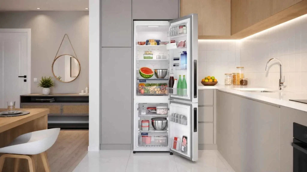 Interior da Geladeira Electrolux IB6 400L aberta com alimentos, destacando as prateleiras FastAdapt de vidro temperado e as gavetas do freezer