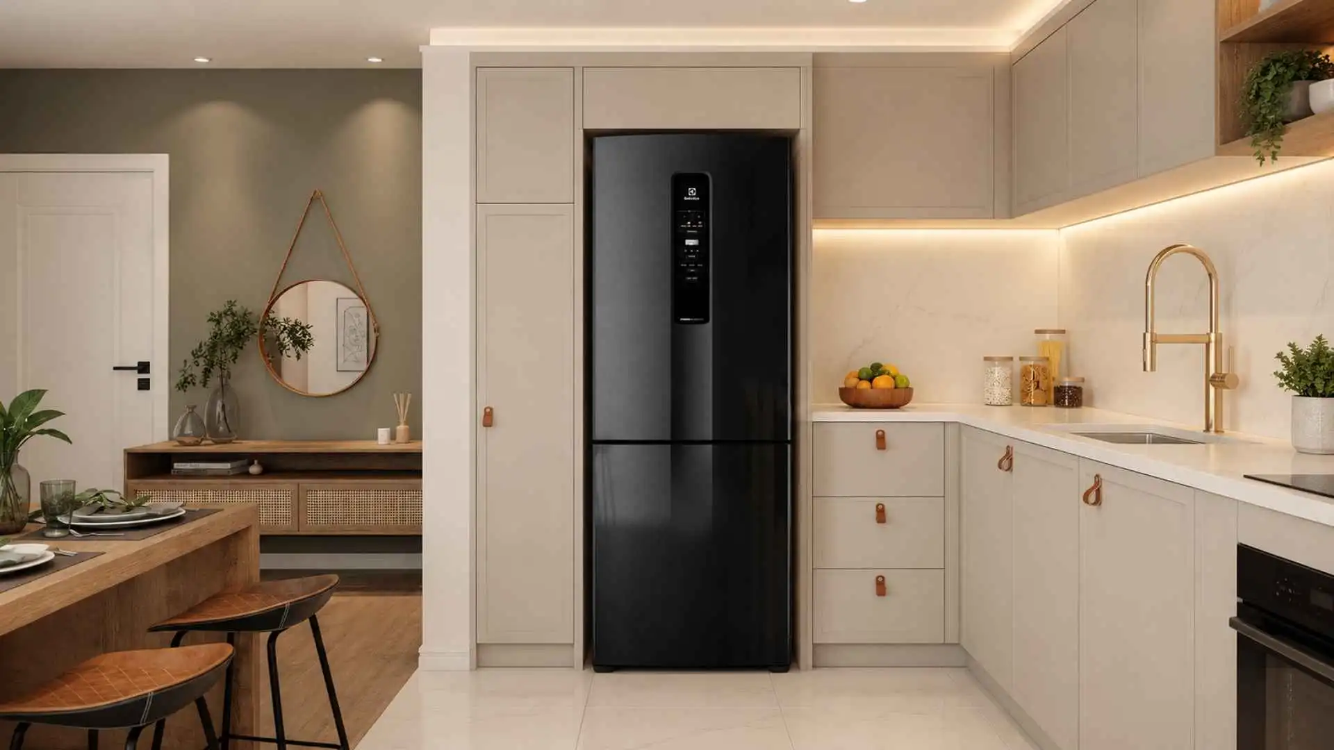 Vista frontal da Geladeira Electrolux IB7B 490L na cor Black Inox Look fechada em um ambiente de cozinha planejada moderna
