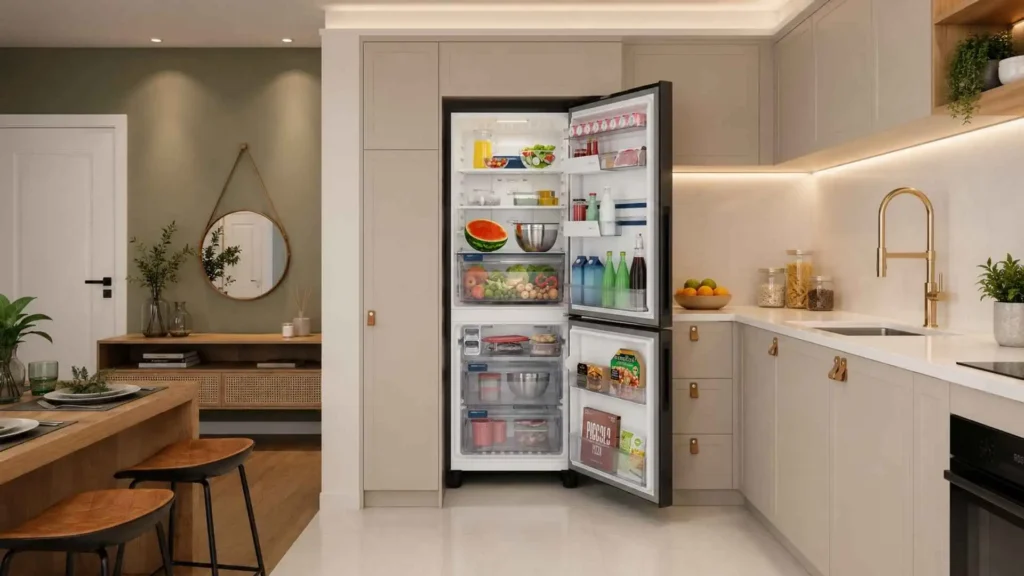Interior da Geladeira Electrolux IB7B 490L aberta e organizada com alimentos, frutas na gaveta HortiNatura e congelados no freezer inferior