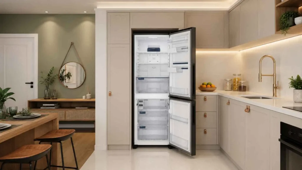 Geladeira Electrolux IB7B 490L aberta e vazia, destacando a iluminação interna de LED e a disposição das prateleiras FastAdapt