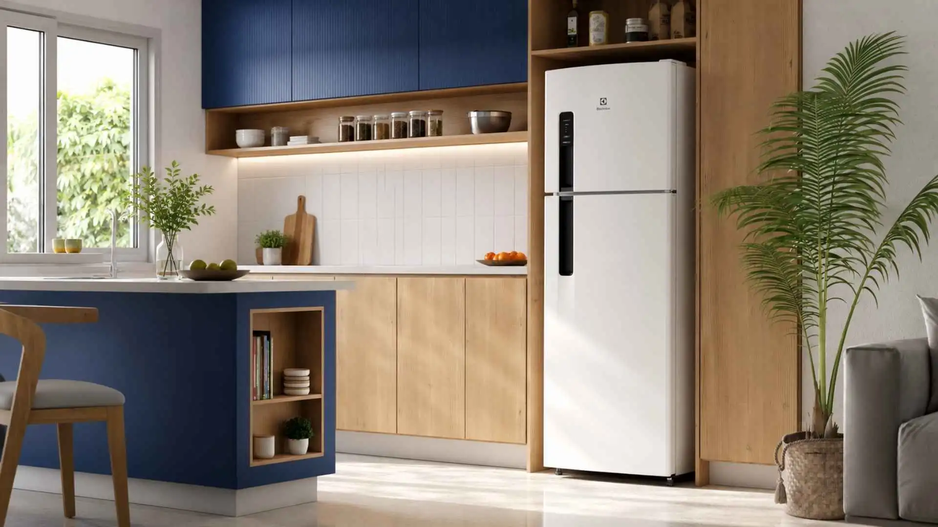 Geladeira Electrolux IF41 Frost Free Duplex Branca posicionada em uma cozinha com armários planejados