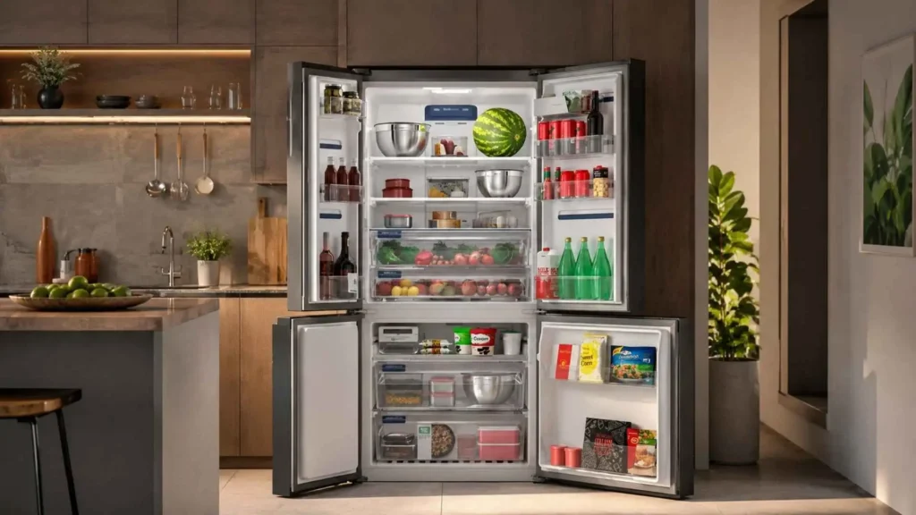 Visão interna da Geladeira Electrolux 596L IM8S aberta e organizada com alimentos nas prateleiras FastAdapt e gaveta HortiNatura cheia de vegetais