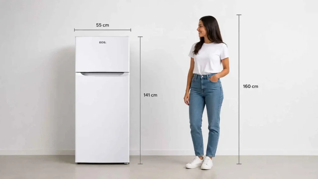 Infográfico da Geladeira EOS 240 Litros Duplex ERV270 exibindo as medidas de largura e altura ao lado de uma mulher para comparação de tamanho proporcional